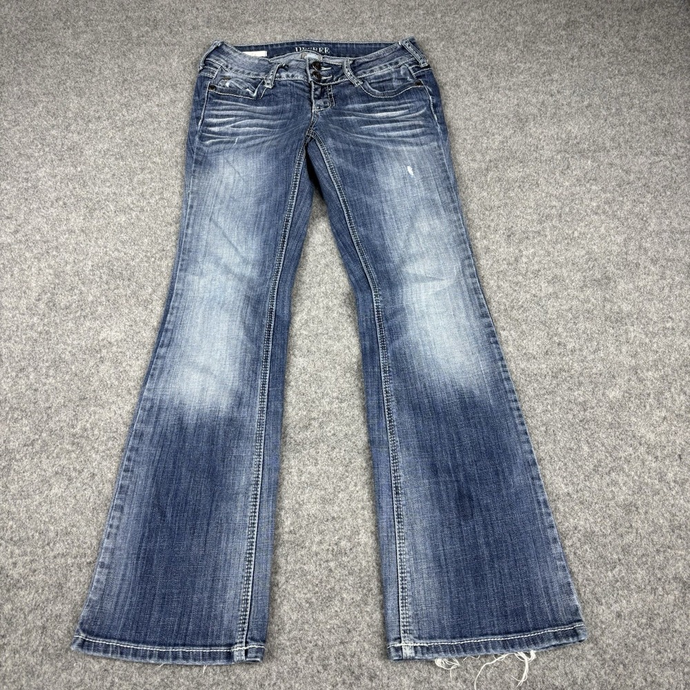 Decree Jeans Womens 3 Bootcut Y2K Distressed Medium Wash Whiskered Blue Denim